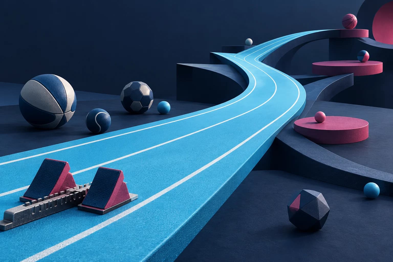 A sculptural running track branching into new paths in cyan, navy and magenta.