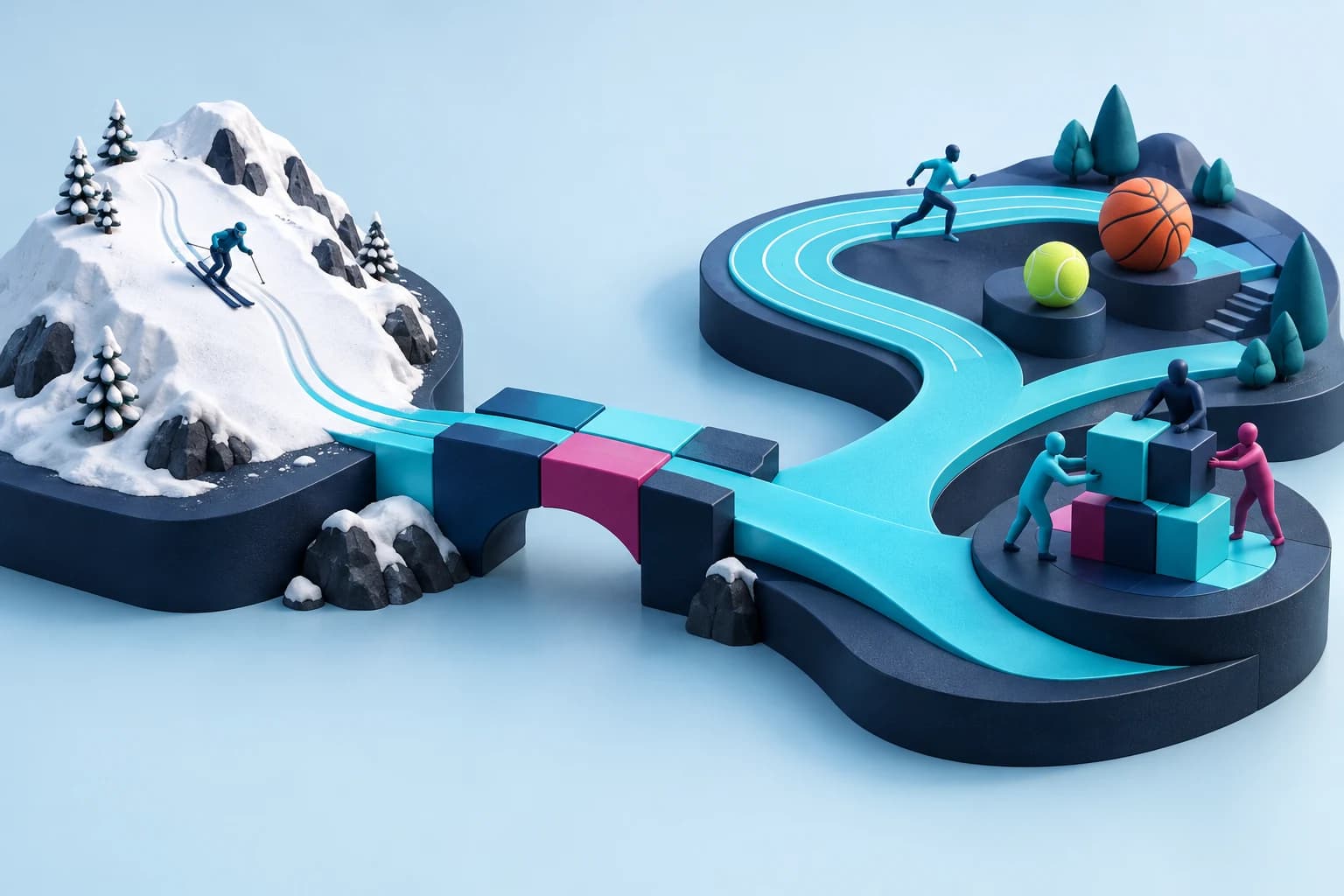 A conceptual winter-sports landscape connected to a broader sports ecosystem.